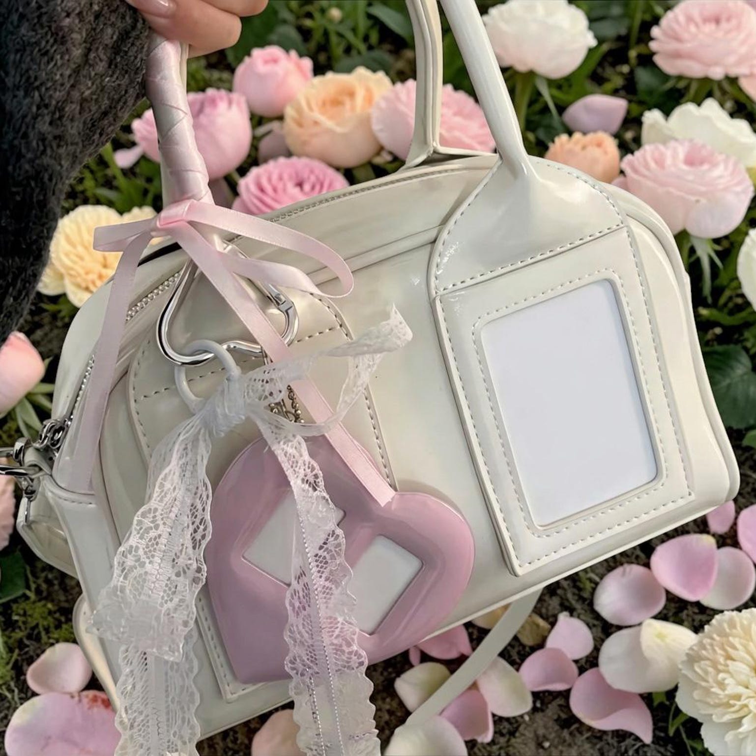 Red Kawaii Convertible Ita Bag with Clear Window for Pin Display Red Kawaii Convertible Ita Bag with Clear Window for Pin Display — ita bag detail view