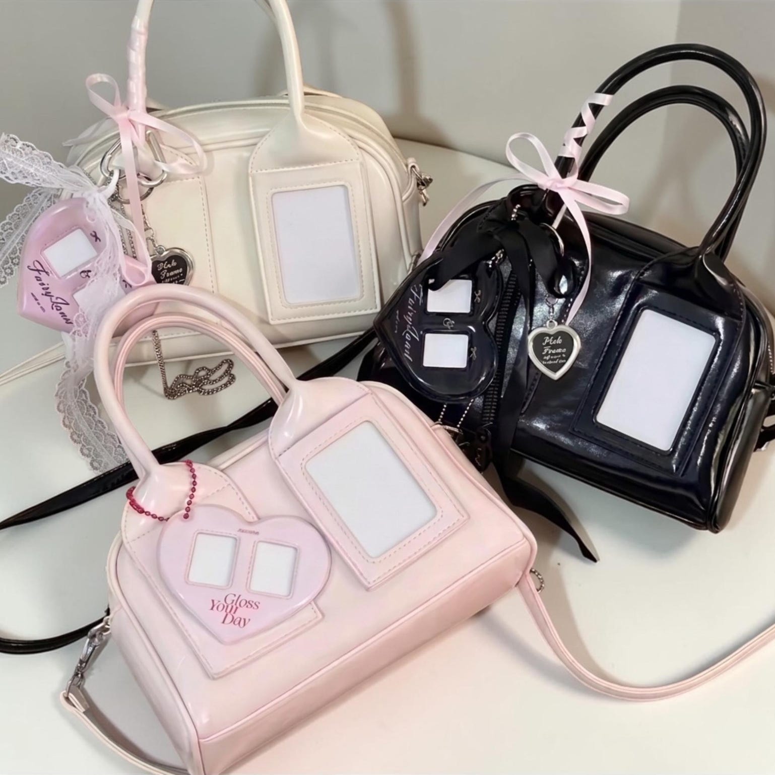 Red Kawaii Convertible Ita Bag with Clear Window for Pin Display Red Kawaii Convertible Ita Bag with Clear Window for Pin Display — ita bag detail view