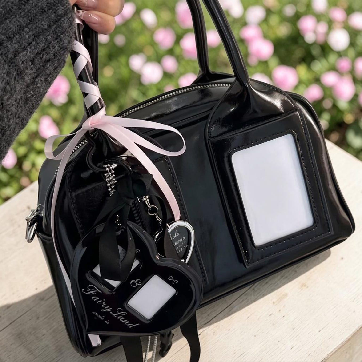 Red Kawaii Convertible Ita Bag with Clear Window for Pin Display Red Kawaii Convertible Ita Bag with Clear Window for Pin Display — ita bag detail view