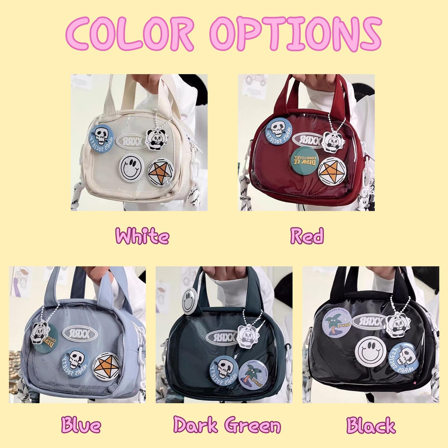 Red Kawaii Convertible Ita Bag with Clear Window for Plushies and Pins Red Kawaii Convertible Ita Bag with Clear Window for Plushies and Pins — ita bag detail view