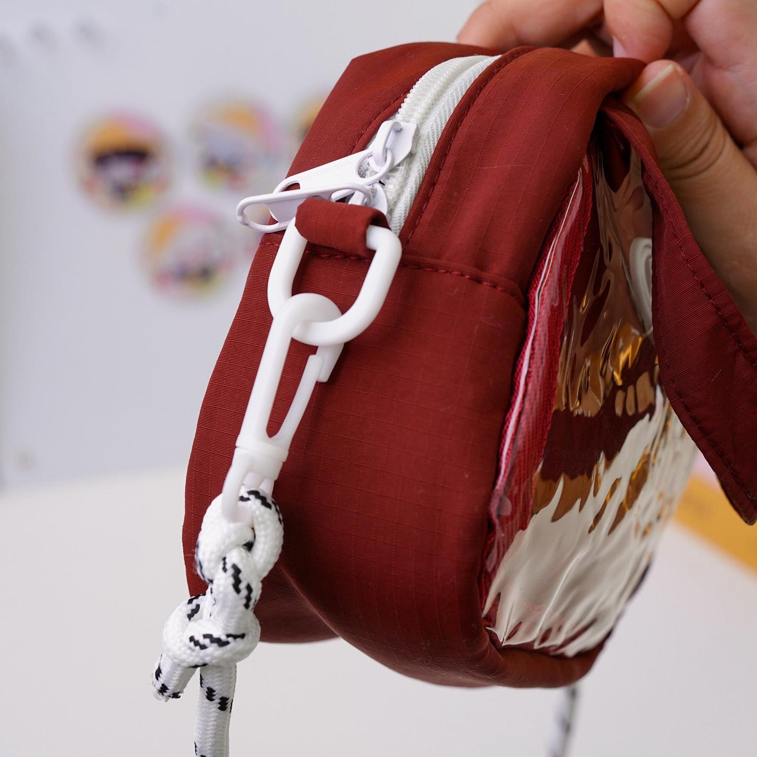 Red Kawaii Convertible Ita Bag with Clear Window for Plushies and Pins Red Kawaii Convertible Ita Bag with Clear Window for Plushies and Pins — ita bag detail view