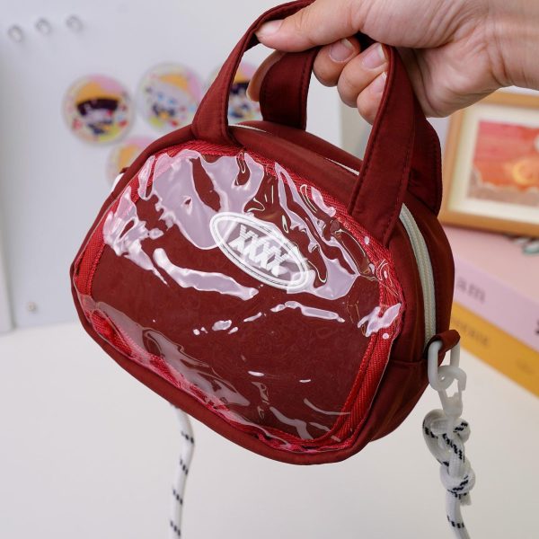 Red Kawaii Convertible Ita Bag with Clear Window for Plushies and Pins — ita bag detail view
