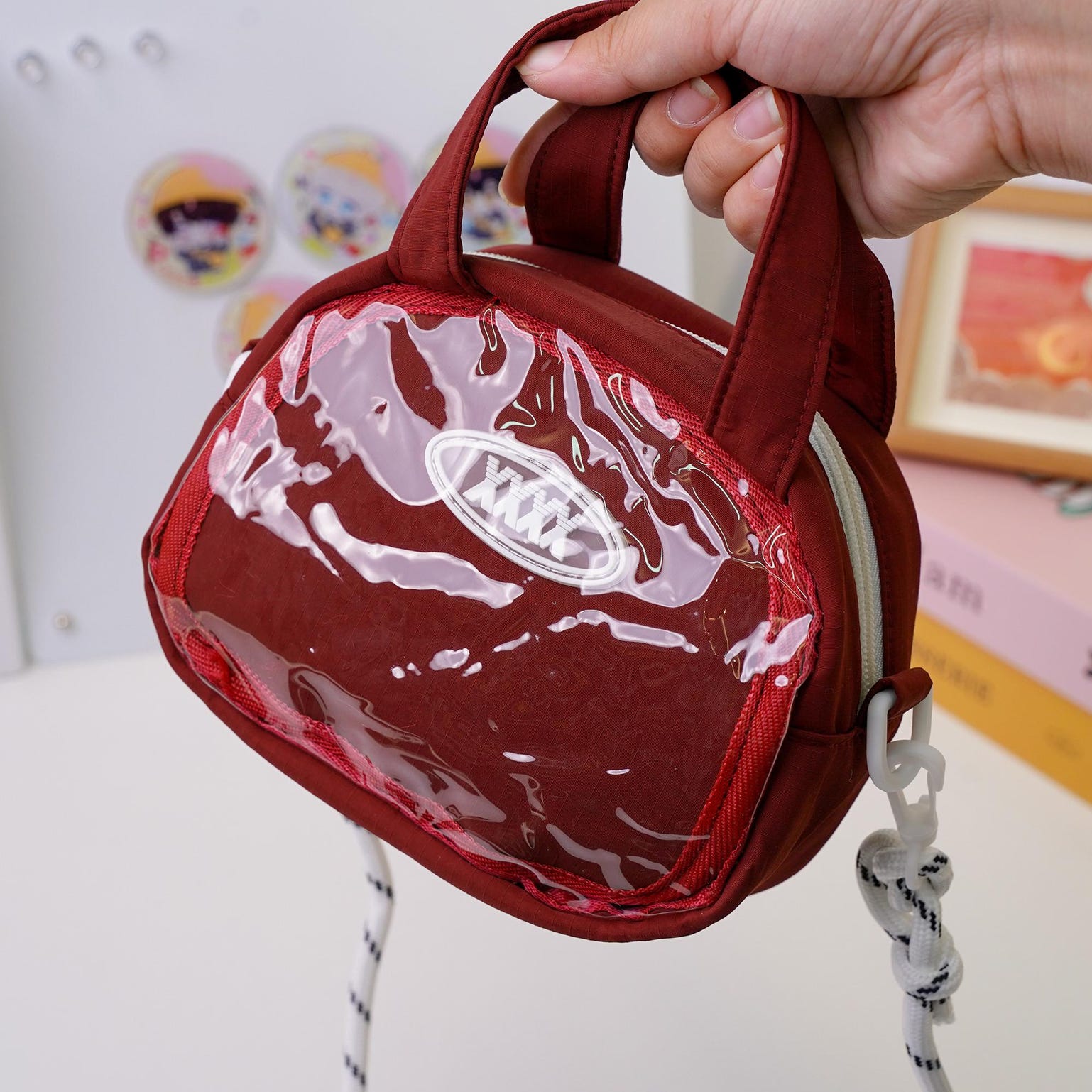Red Kawaii Convertible Ita Bag with Clear Window for Plushies and Pins Red Kawaii Convertible Ita Bag with Clear Window for Plushies and Pins — ita bag detail view