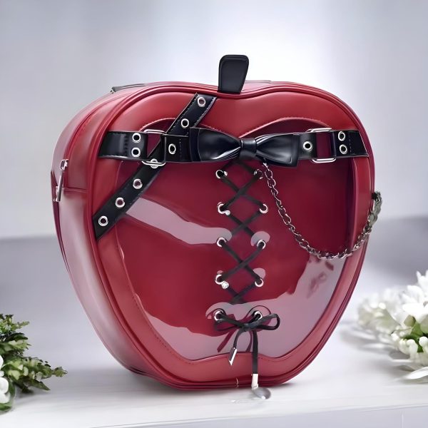Red Lace Heart Ita Tote Bag with Clear Window for Pin Display — ita tote bag detail view