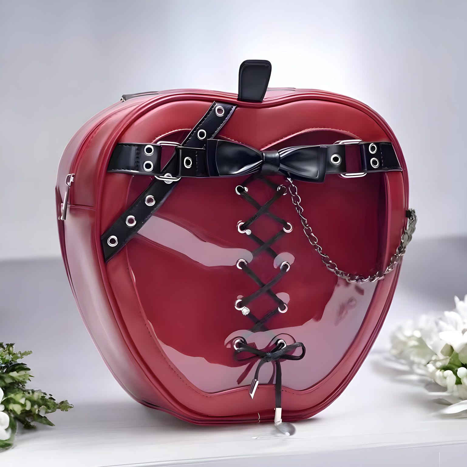 Red Lace Heart Ita Tote Bag with Clear Window for Pin Display Red Lace Heart Ita Tote Bag with Clear Window for Pin Display — ita tote bag detail view