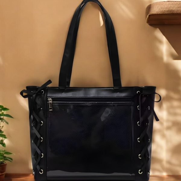 Ribbon Lace Ita Tote Bag with Clear Window for Pin Display — ita tote bag detail view