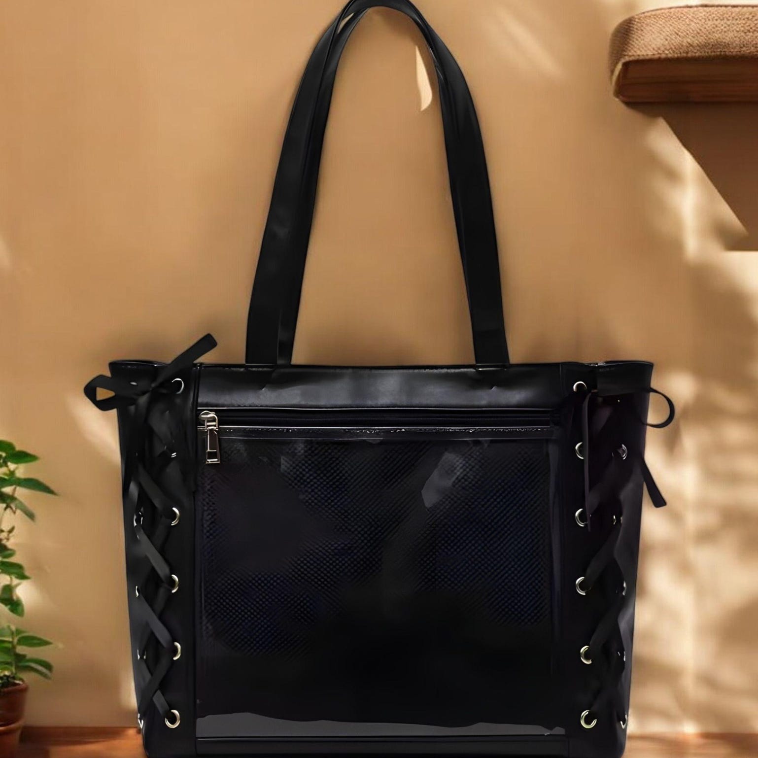 Ribbon Lace Ita Tote Bag with Clear Window for Pin Display Ribbon Lace Ita Tote Bag with Clear Window for Pin Display — ita tote bag detail view