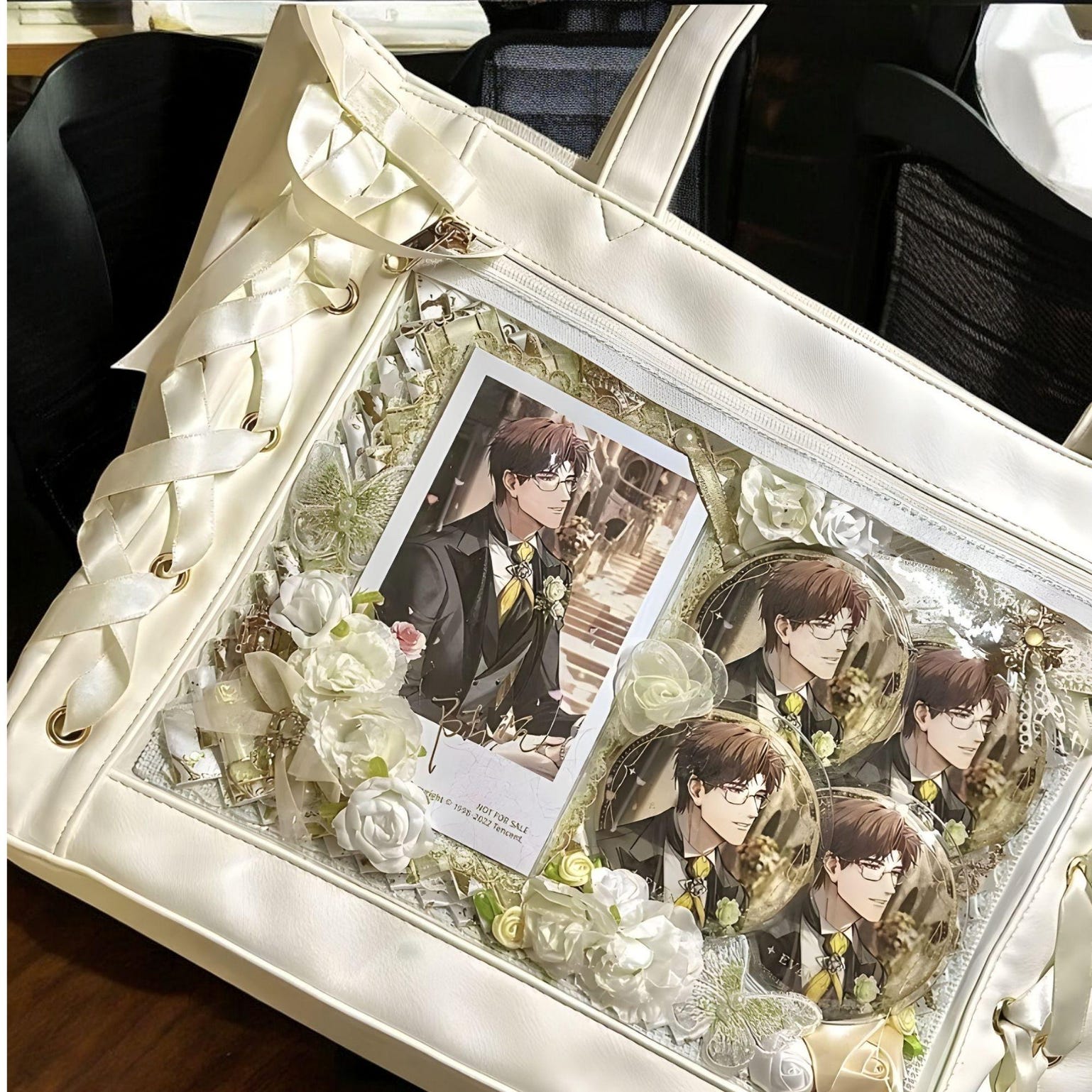 Ribbon Lace Ita Tote Bag with Clear Window for Pin Display Ribbon Lace Ita Tote Bag with Clear Window for Pin Display — ita tote bag detail view