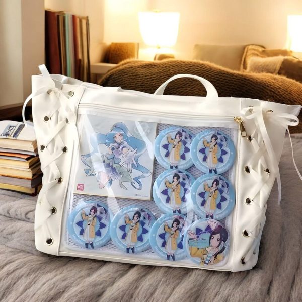 Ribbon Lace Ita Tote Bag with Clear Window for Pin Display — ita tote bag detail view