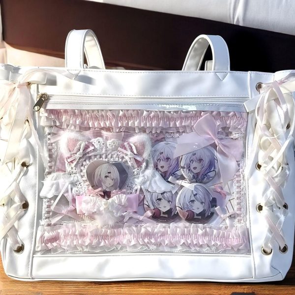 Ribbon Lace Ita Tote Bag with Clear Window for Pin Display — ita tote bag detail view