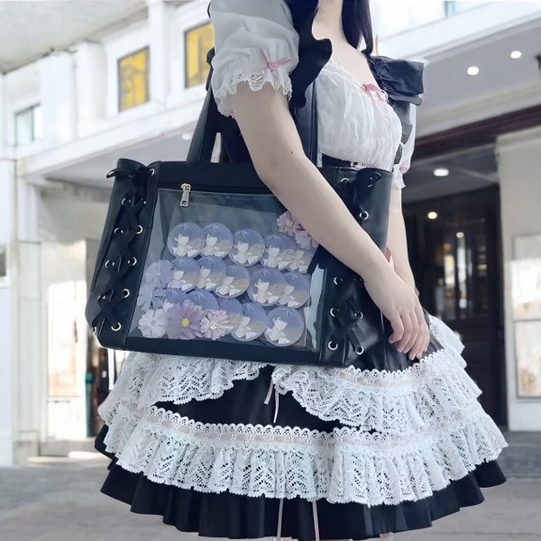 Ribbon Lace Ita Tote Bag with Clear Window for Pin Display — ita tote bag detail view