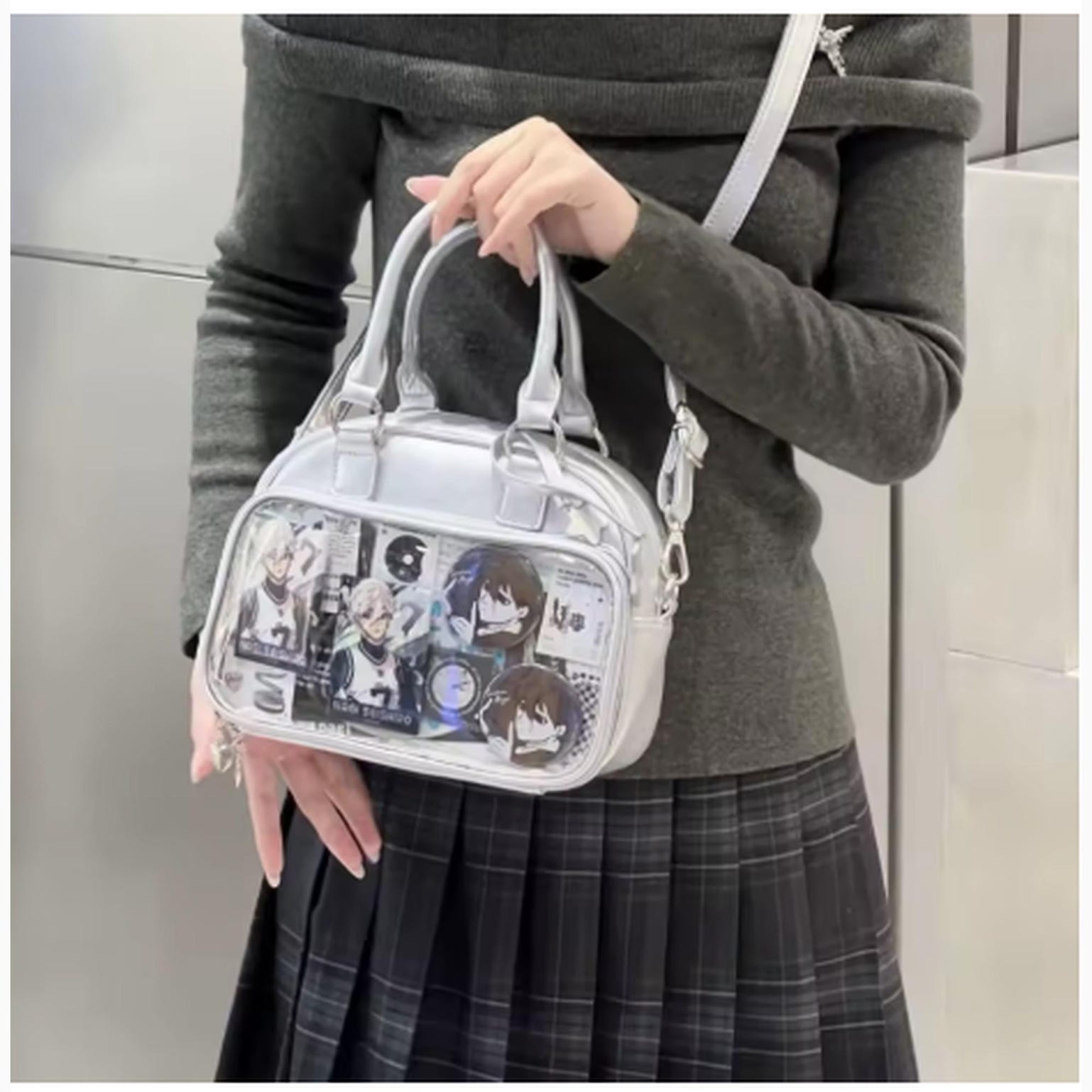 Silver Convertible Ita Bag with Clear Window for Photocards and Pins Silver Convertible Ita Bag with Clear Window for Photocards and Pins — ita bag detail view