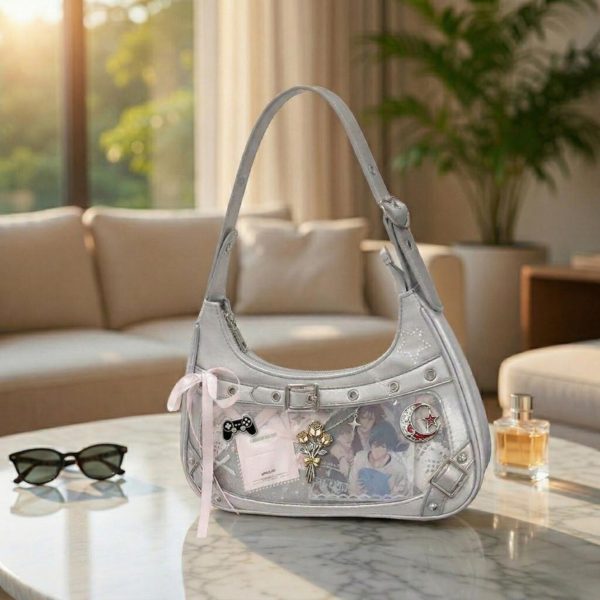 Silver Convertible Ita Bag with Clear Window for Photocards and Pins — ita bag detail view