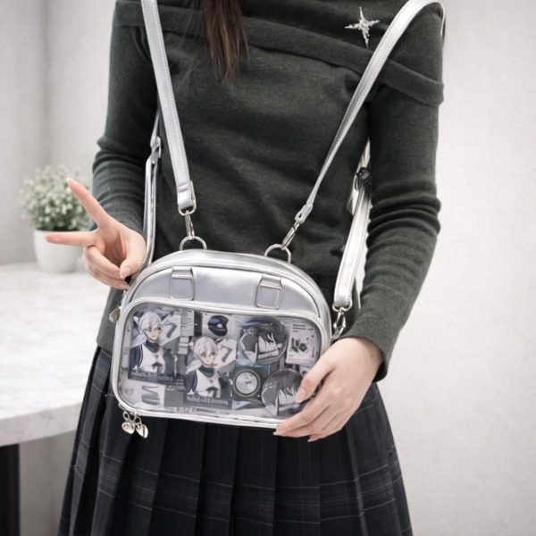 Silver Convertible Ita Bag with Clear Window for Photocards and Pins — ita bag detail view