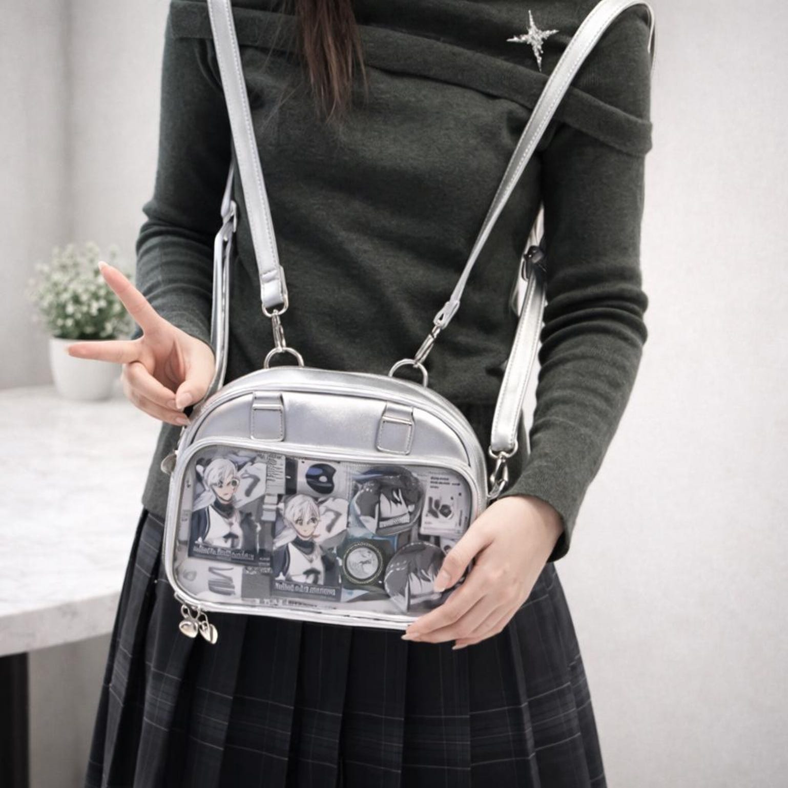 Silver Convertible Ita Bag with Clear Window for Photocards and Pins Silver Convertible Ita Bag with Clear Window for Photocards and Pins — ita bag detail view