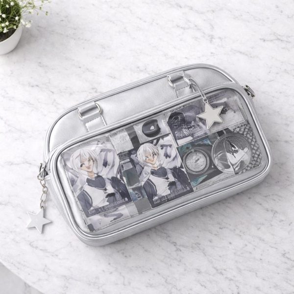 Silver Convertible Ita Bag with Clear Window for Photocards and Pins — ita bag detail view