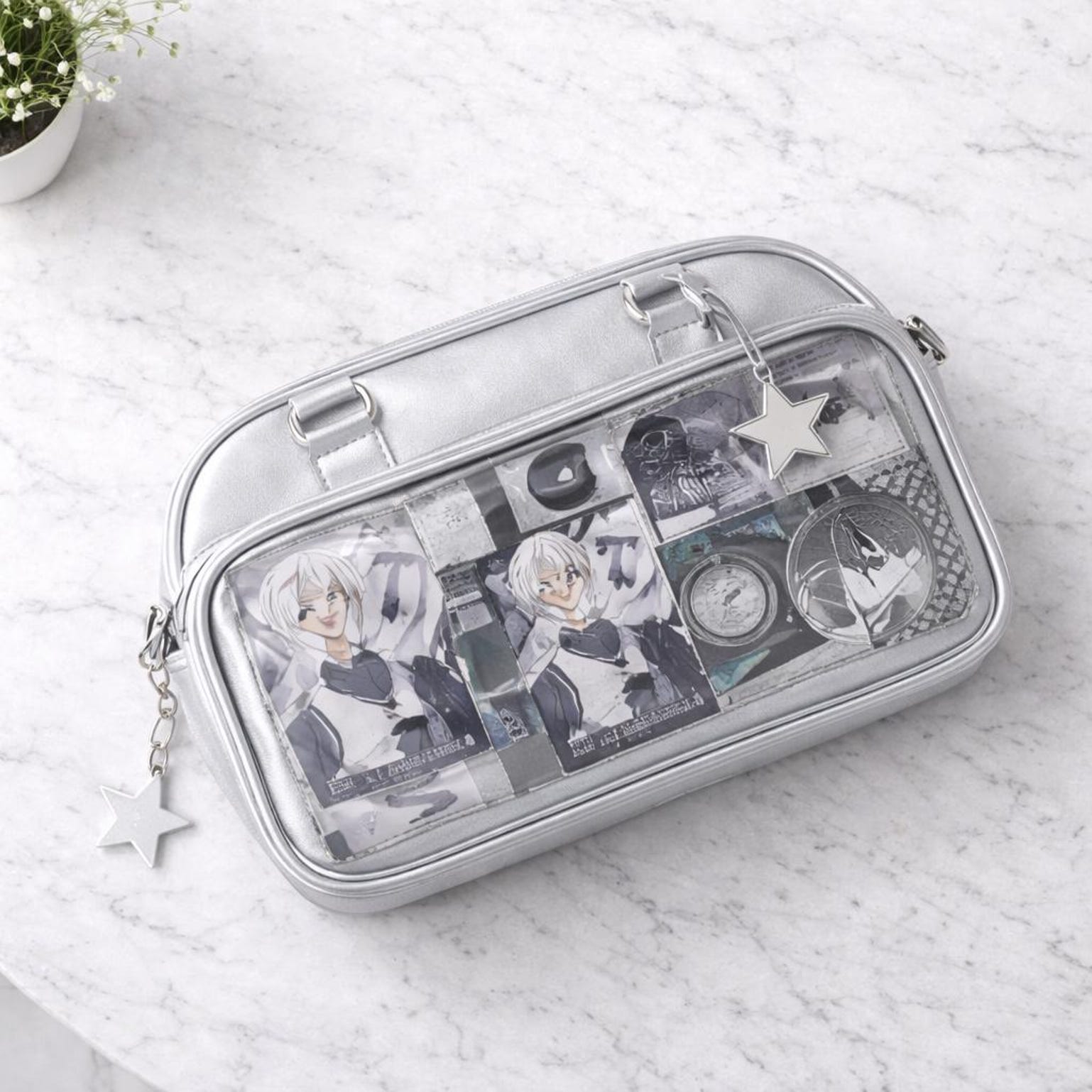 Silver Convertible Ita Bag with Clear Window for Photocards and Pins Silver Convertible Ita Bag with Clear Window for Photocards and Pins — ita bag detail view