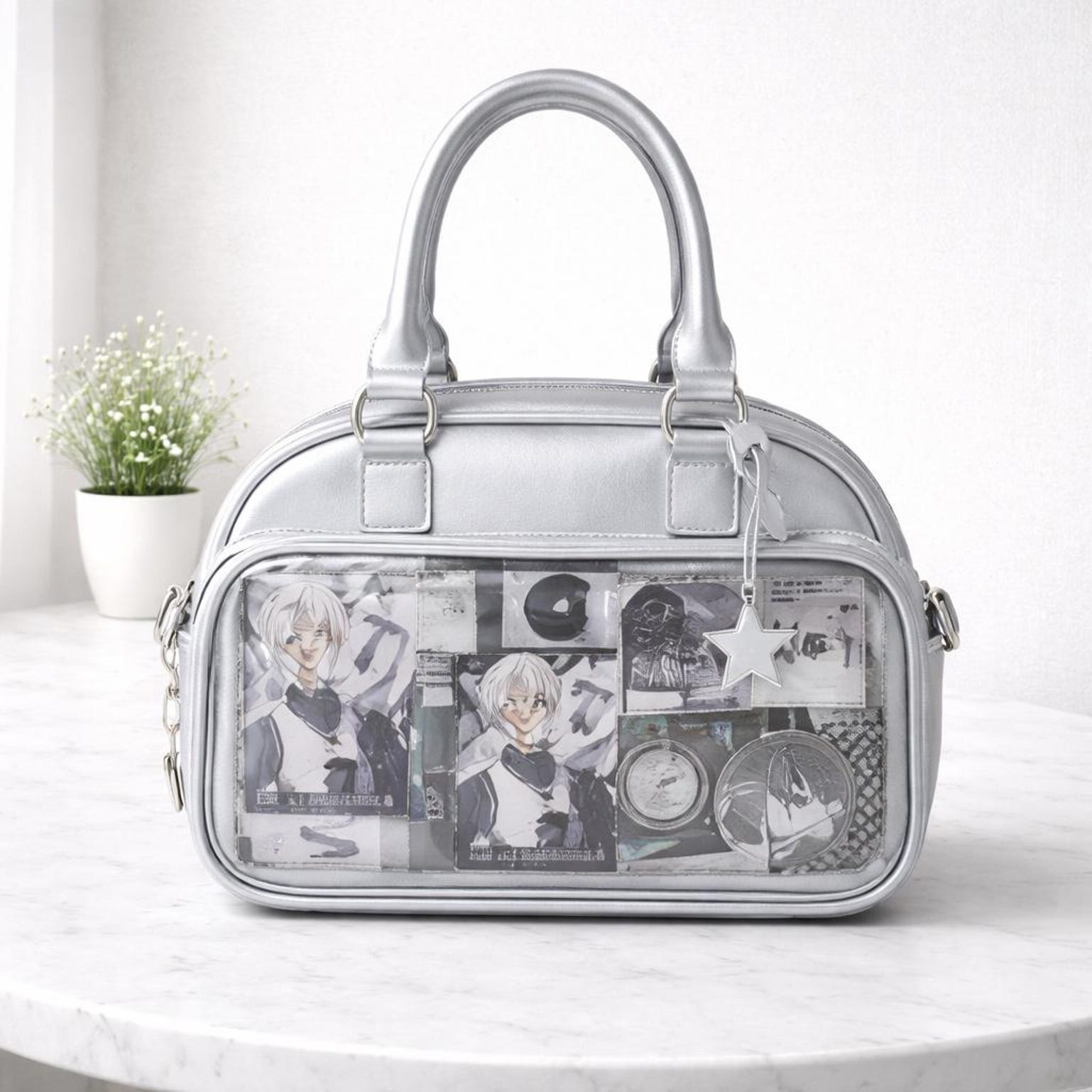 Silver Convertible Ita Bag with Clear Window for Photocards and Pins Silver Convertible Ita Bag with Clear Window for Photocards and Pins — ita bag detail view