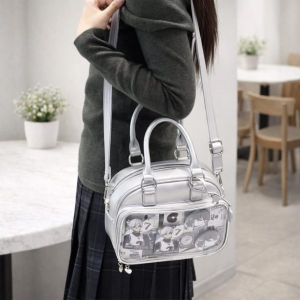 Silver Convertible Ita Bag with Clear Window for Photocards and Pins — ita bag detail view