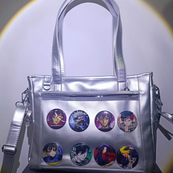 Silver Ita Crossbody Bag with Clear Window and Included Insert for Pin Display — crossbody ita bag detail view