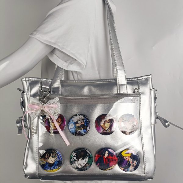 Silver Ita Crossbody Bag with Clear Window and Included Insert for Pin Display — crossbody ita bag detail view