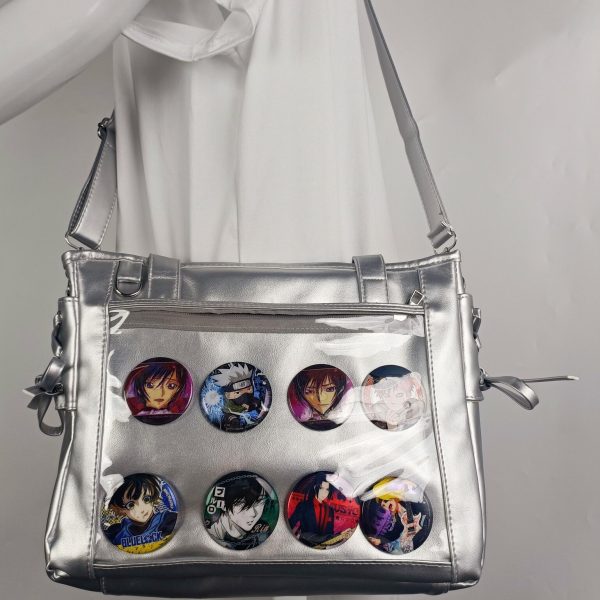 Silver Ita Crossbody Bag with Clear Window and Included Insert for Pin Display — crossbody ita bag detail view