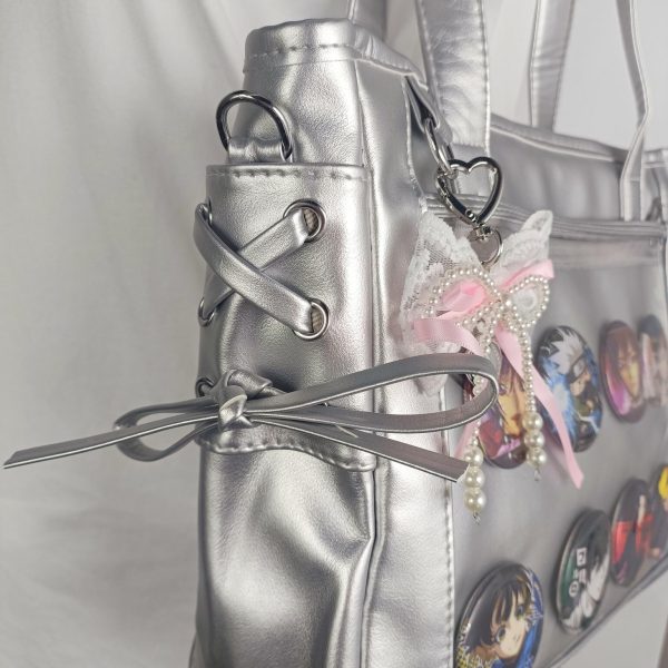Silver Ita Crossbody Bag with Clear Window and Included Insert for Pin Display — crossbody ita bag detail view