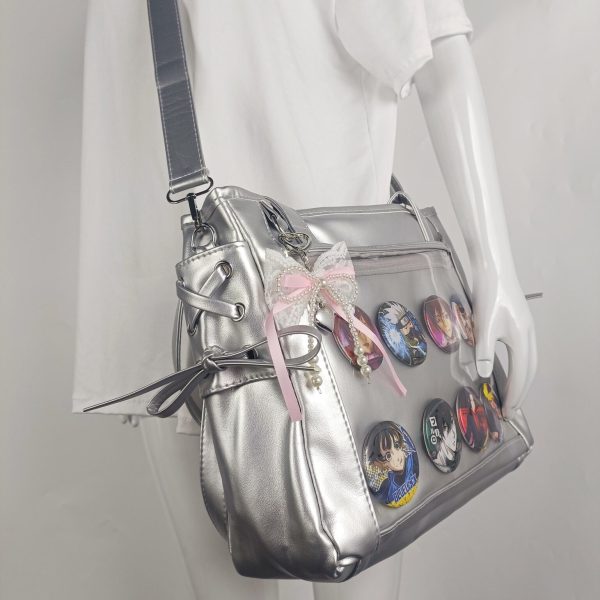Silver Ita Crossbody Bag with Clear Window and Included Insert for Pin Display — crossbody ita bag detail view