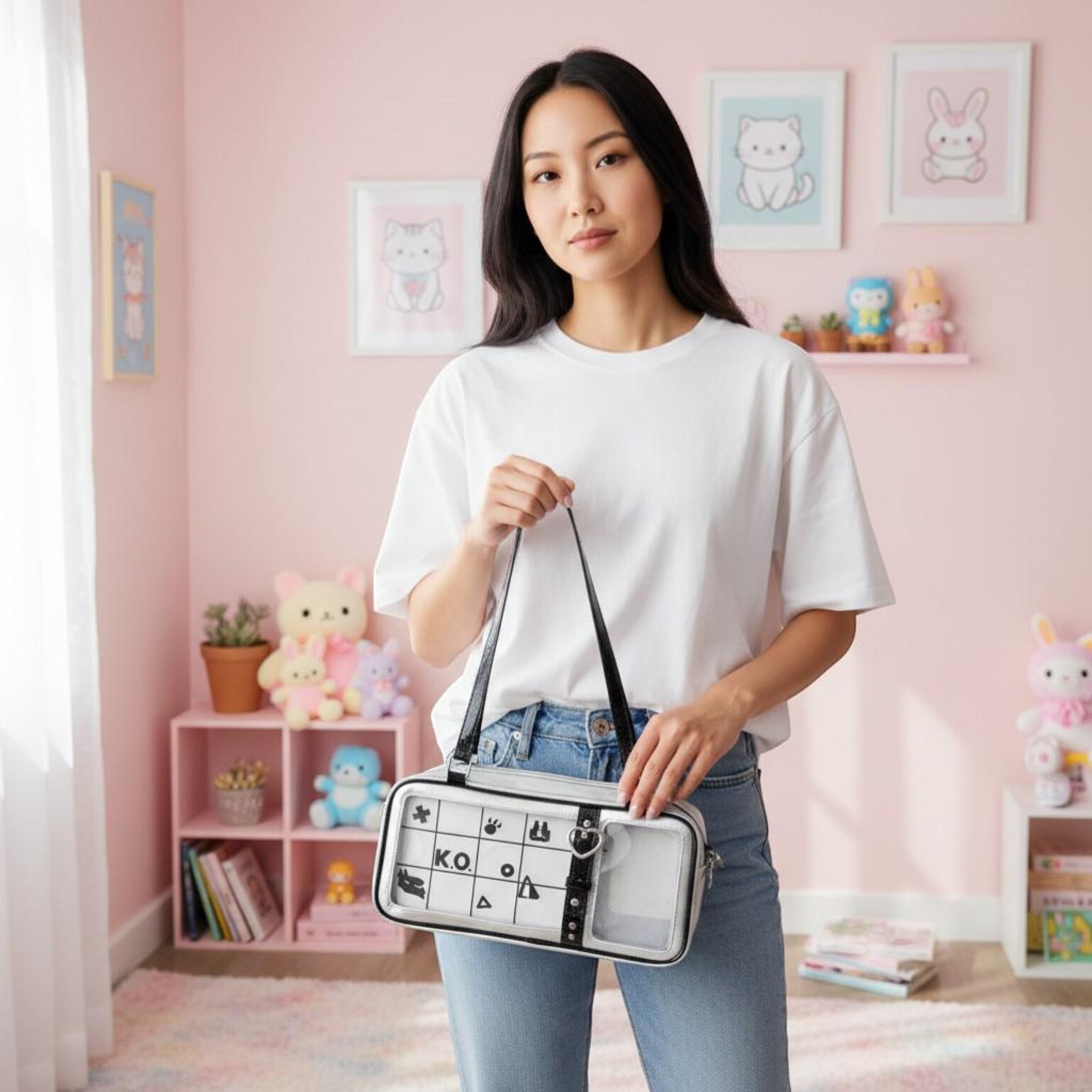 Silver Kawaii Convertible Ita Bag for Pin Display Silver Kawaii Convertible Ita Bag for Pin Display — ita bag detail view