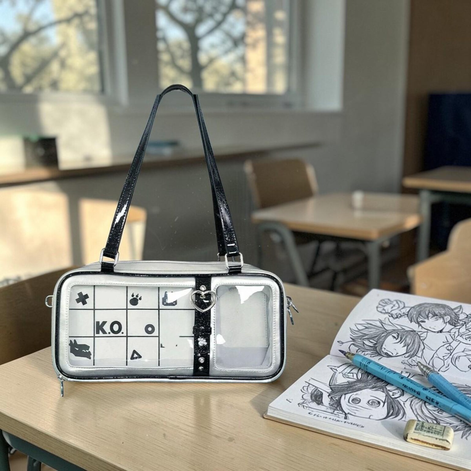 Silver Kawaii Convertible Ita Bag for Pin Display Silver Kawaii Convertible Ita Bag for Pin Display — ita bag detail view