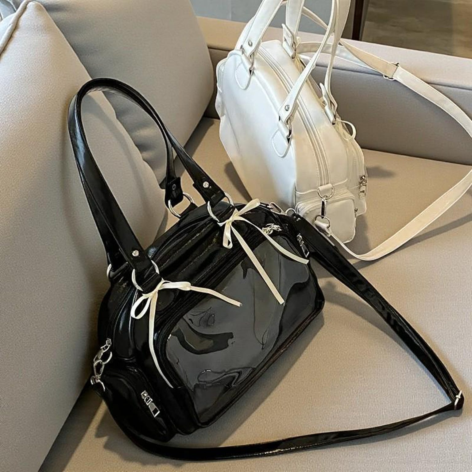 Silver Kawaii Convertible Ita Bag with Clear Window for Pin Display Silver Kawaii Convertible Ita Bag with Clear Window for Pin Display — ita bag detail view