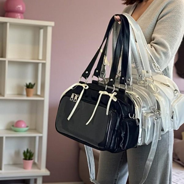 Silver Kawaii Convertible Ita Bag with Clear Window for Pin Display — ita bag detail view