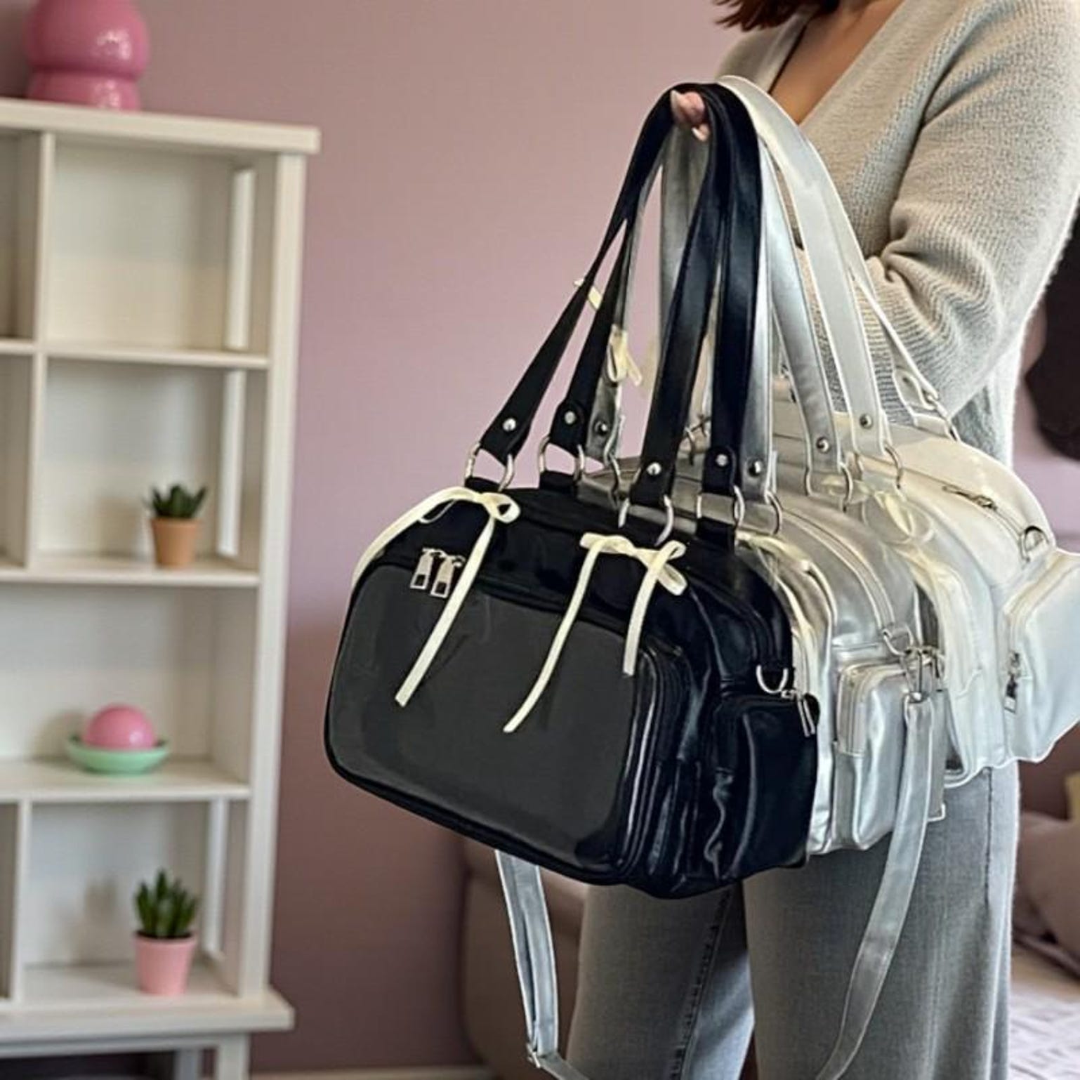 Silver Kawaii Convertible Ita Bag with Clear Window for Pin Display Silver Kawaii Convertible Ita Bag with Clear Window for Pin Display — ita bag detail view