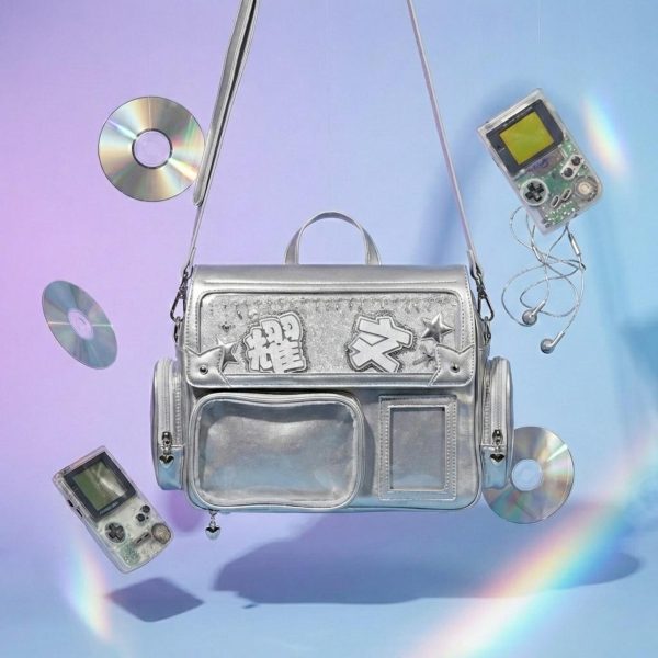 Silver Kawaii Convertible Ita Bag with Clear Window for Pin Display — ita bag with clear display window
