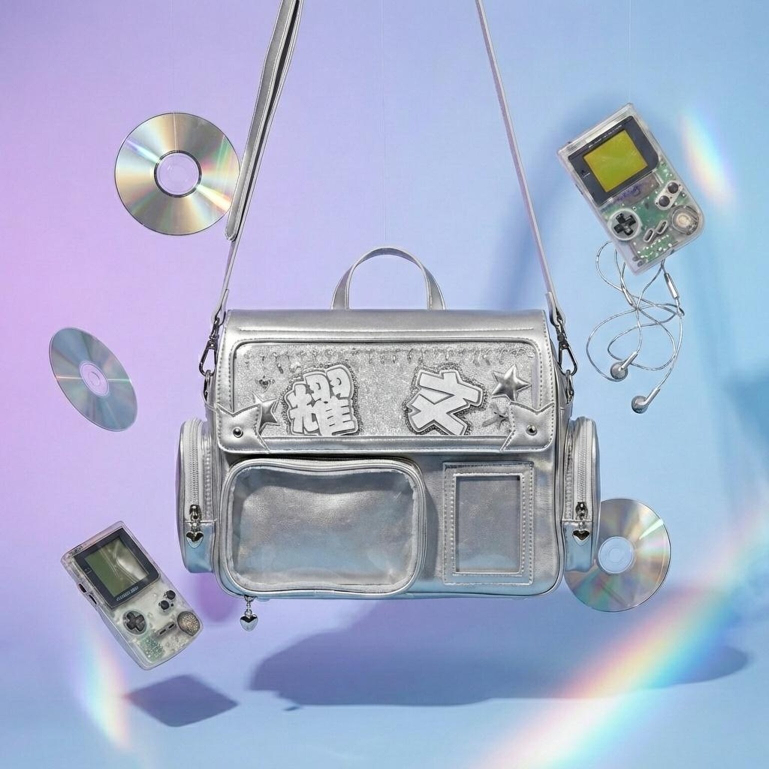 Silver Kawaii Convertible Ita Bag with Clear Window for Pin Display