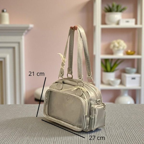 Silver Kawaii Convertible Ita Bag with Clear Window for Pin Display — ita bag detail view