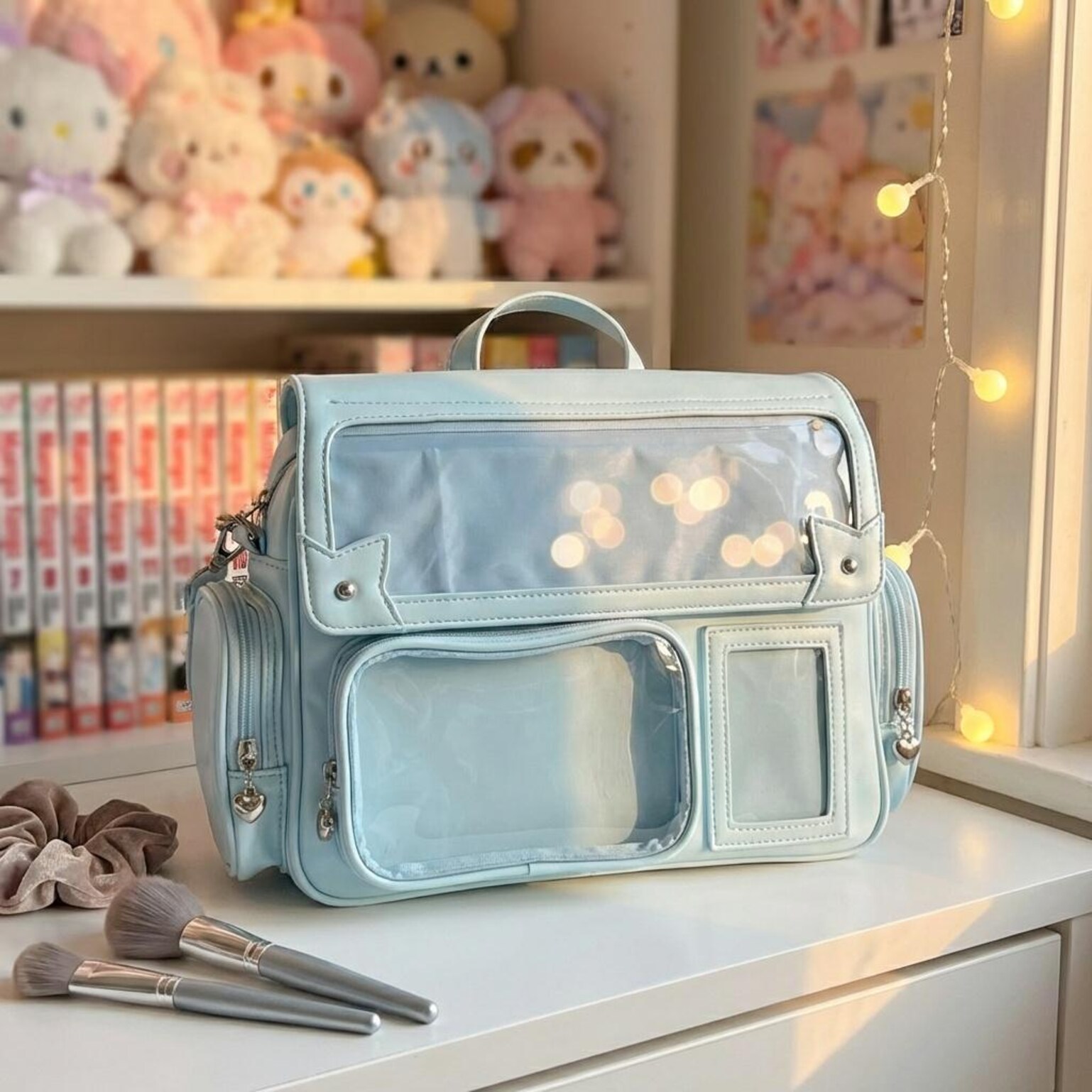 Silver Kawaii Convertible Ita Bag with Clear Window for Pin Display Silver Kawaii Convertible Ita Bag with Clear Window for Pin Display — ita bag detail view