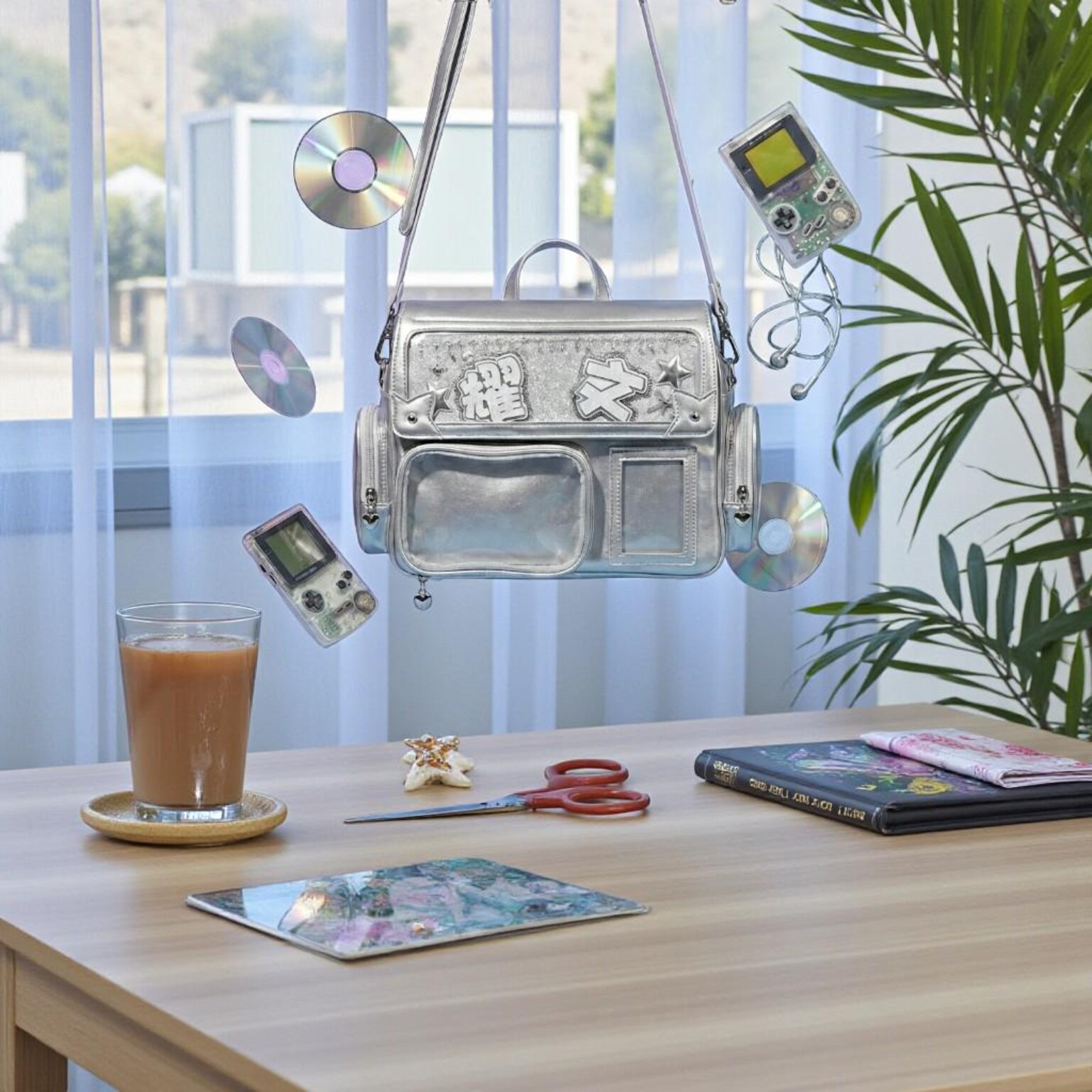Silver Kawaii Convertible Ita Bag with Clear Window for Pin Display Silver Kawaii Convertible Ita Bag with Clear Window for Pin Display — ita bag detail view