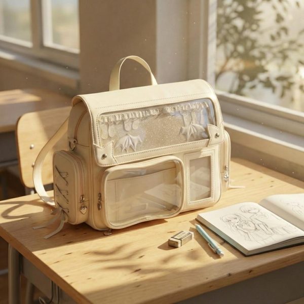 Silver Kawaii Convertible Ita Bag with Clear Window for Pin Display — ita bag detail view