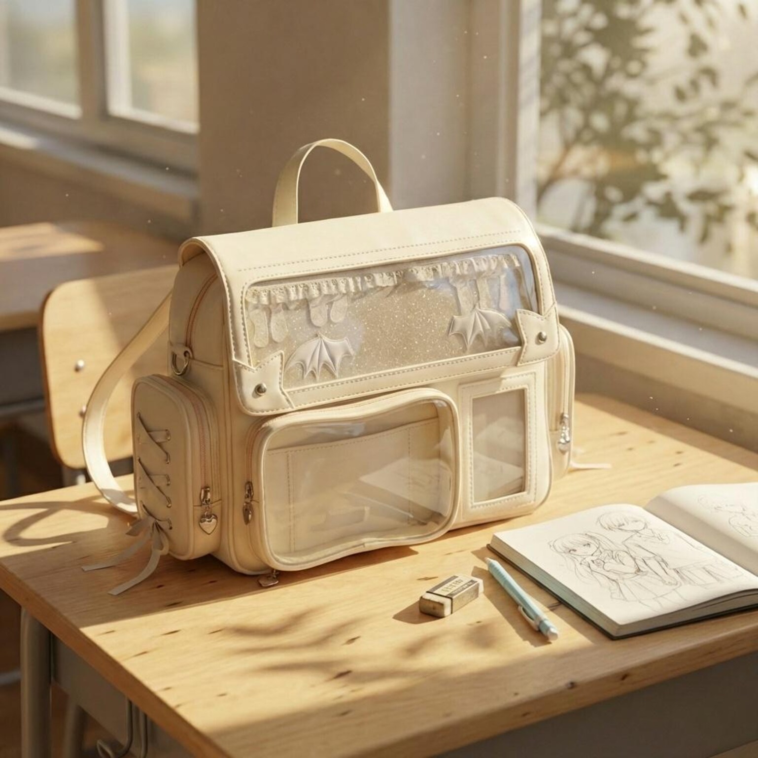 Silver Kawaii Convertible Ita Bag with Clear Window for Pin Display Silver Kawaii Convertible Ita Bag with Clear Window for Pin Display — ita bag detail view