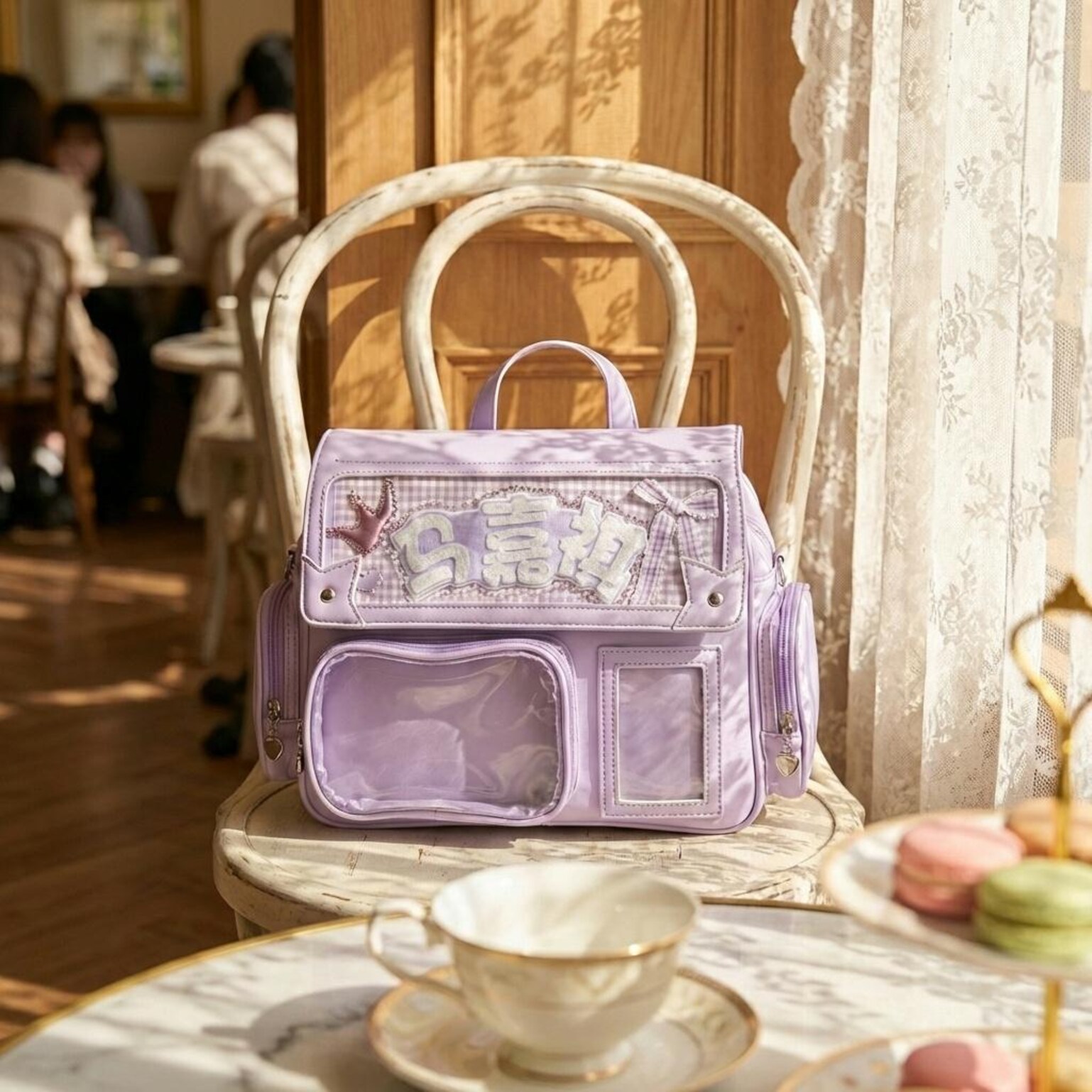 Silver Kawaii Convertible Ita Bag with Clear Window for Pin Display Silver Kawaii Convertible Ita Bag with Clear Window for Pin Display — ita bag detail view
