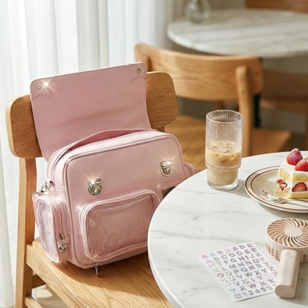Silver Kawaii Convertible Ita Bag with Clear Window for Pin Display — ita bag detail view