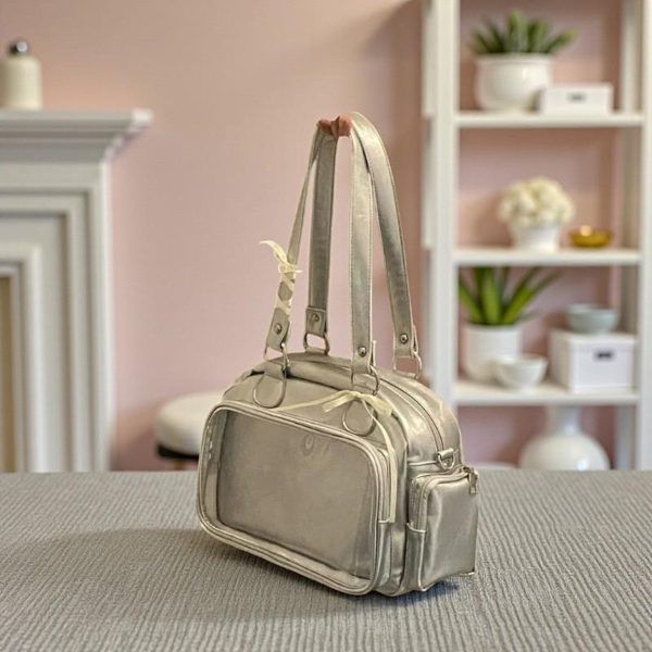 Silver Kawaii Convertible Ita Bag with Clear Window for Pin Display — ita bag detail view