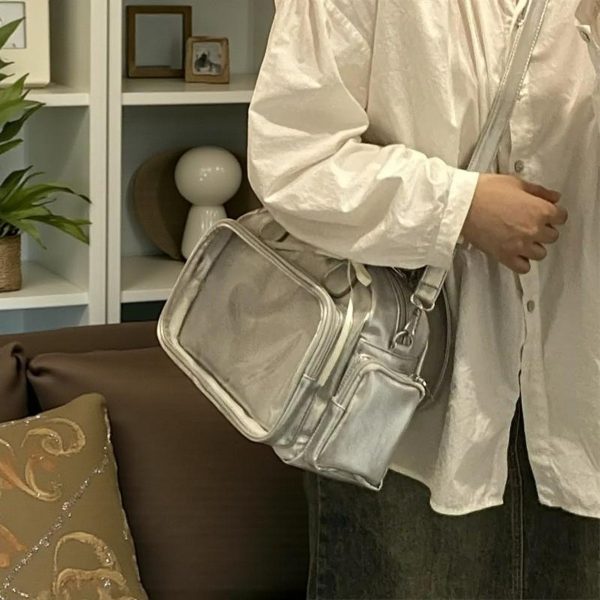 Silver Kawaii Convertible Ita Bag with Clear Window for Pin Display — ita bag detail view