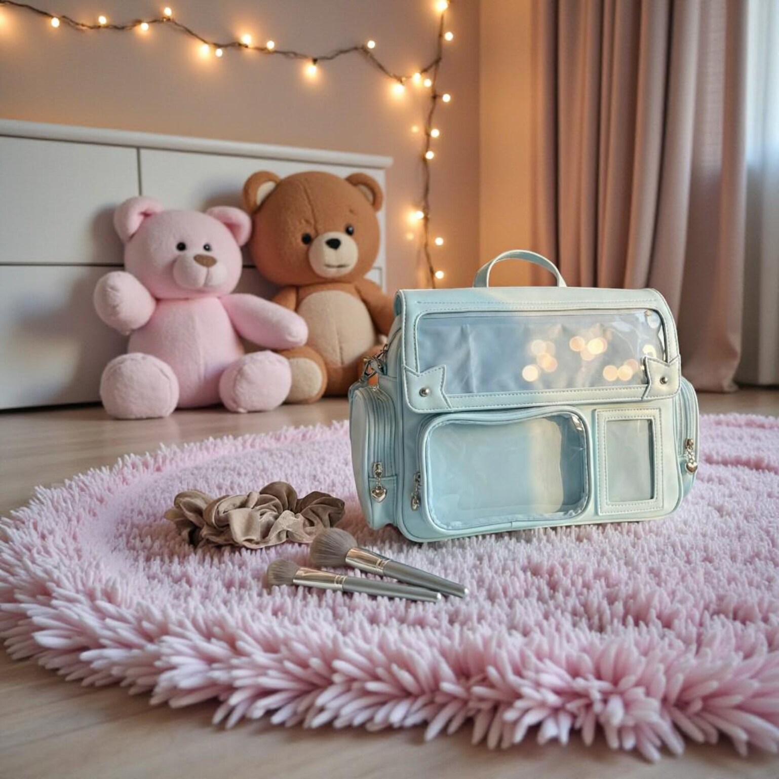Silver Kawaii Convertible Ita Bag with Clear Window for Pin Display Silver Kawaii Convertible Ita Bag with Clear Window for Pin Display — ita bag detail view