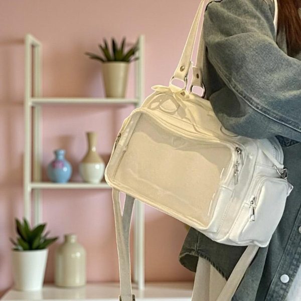 Silver Kawaii Convertible Ita Bag with Clear Window for Pin Display — ita bag detail view