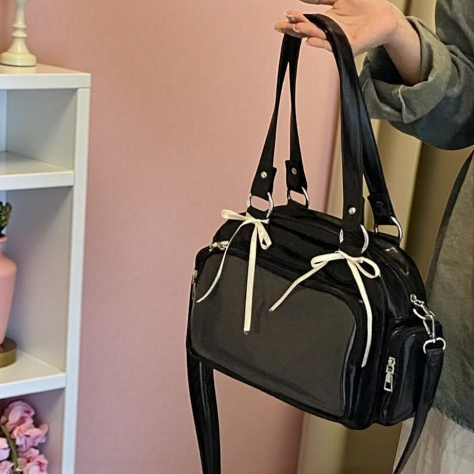 Silver Kawaii Convertible Ita Bag with Clear Window for Pin Display Silver Kawaii Convertible Ita Bag with Clear Window for Pin Display — ita bag detail view