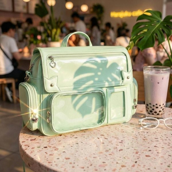 Silver Kawaii Convertible Ita Bag with Clear Window for Pin Display — ita bag detail view