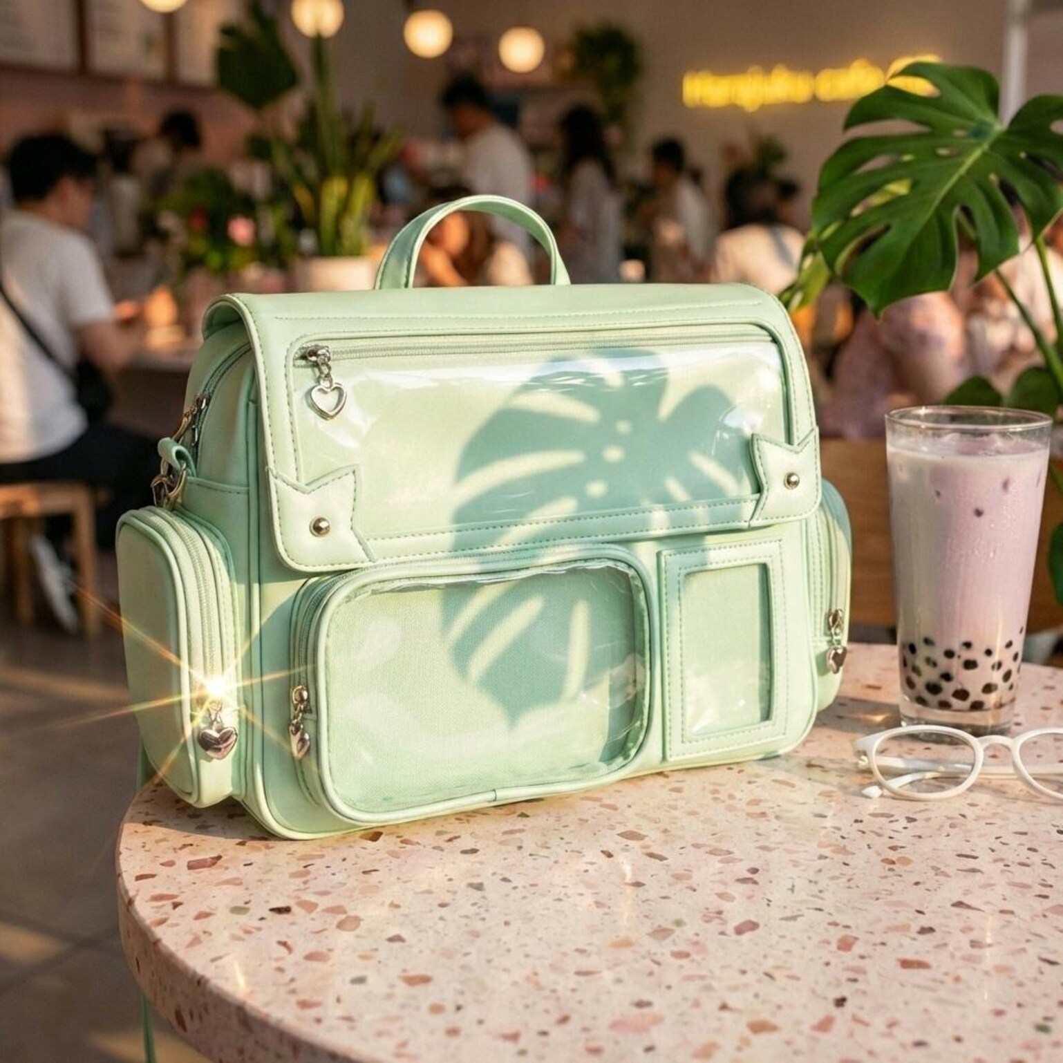 Silver Kawaii Convertible Ita Bag with Clear Window for Pin Display Silver Kawaii Convertible Ita Bag with Clear Window for Pin Display — ita bag detail view