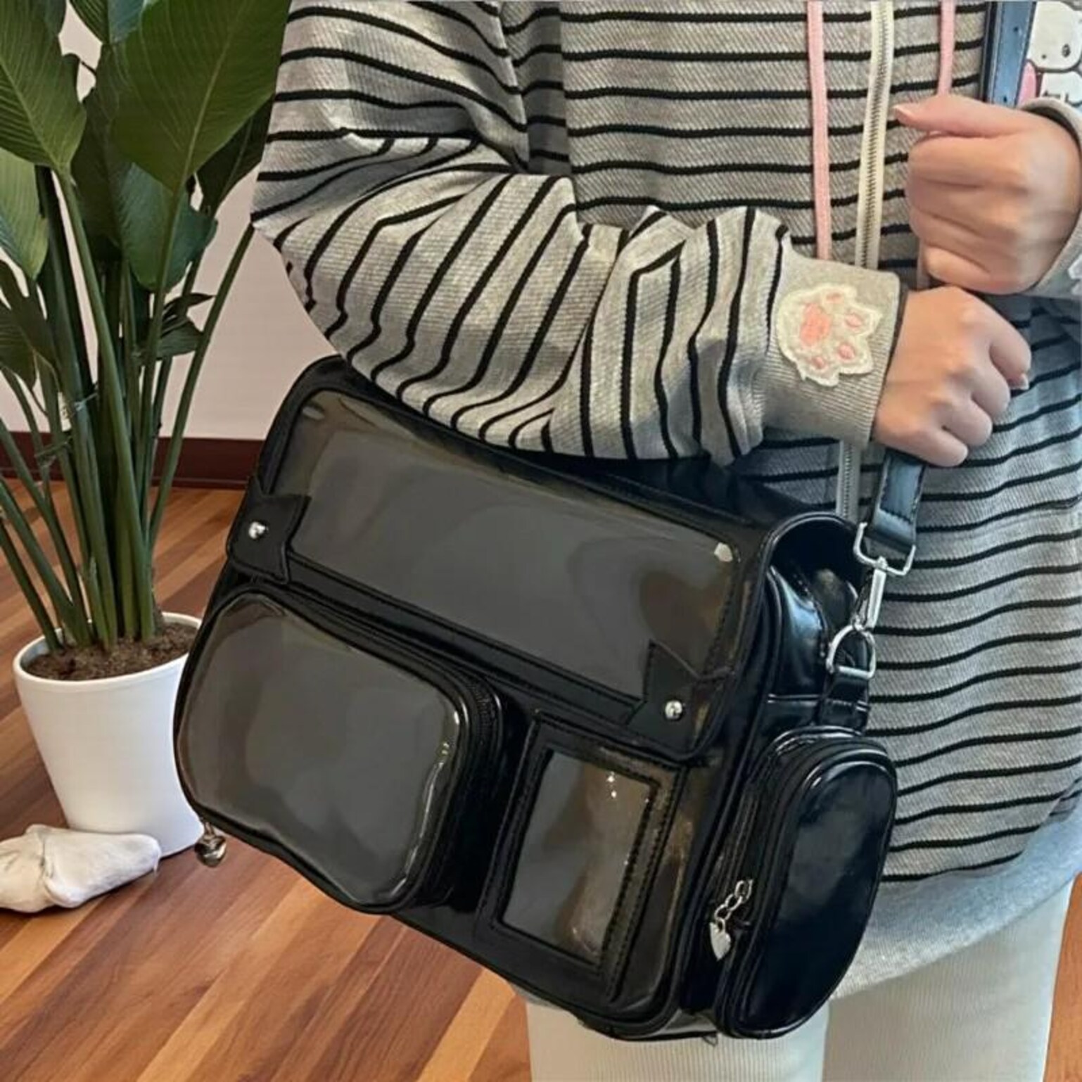 Silver Kawaii Convertible Ita Bag with Clear Window for Pin Display Silver Kawaii Convertible Ita Bag with Clear Window for Pin Display — ita bag detail view